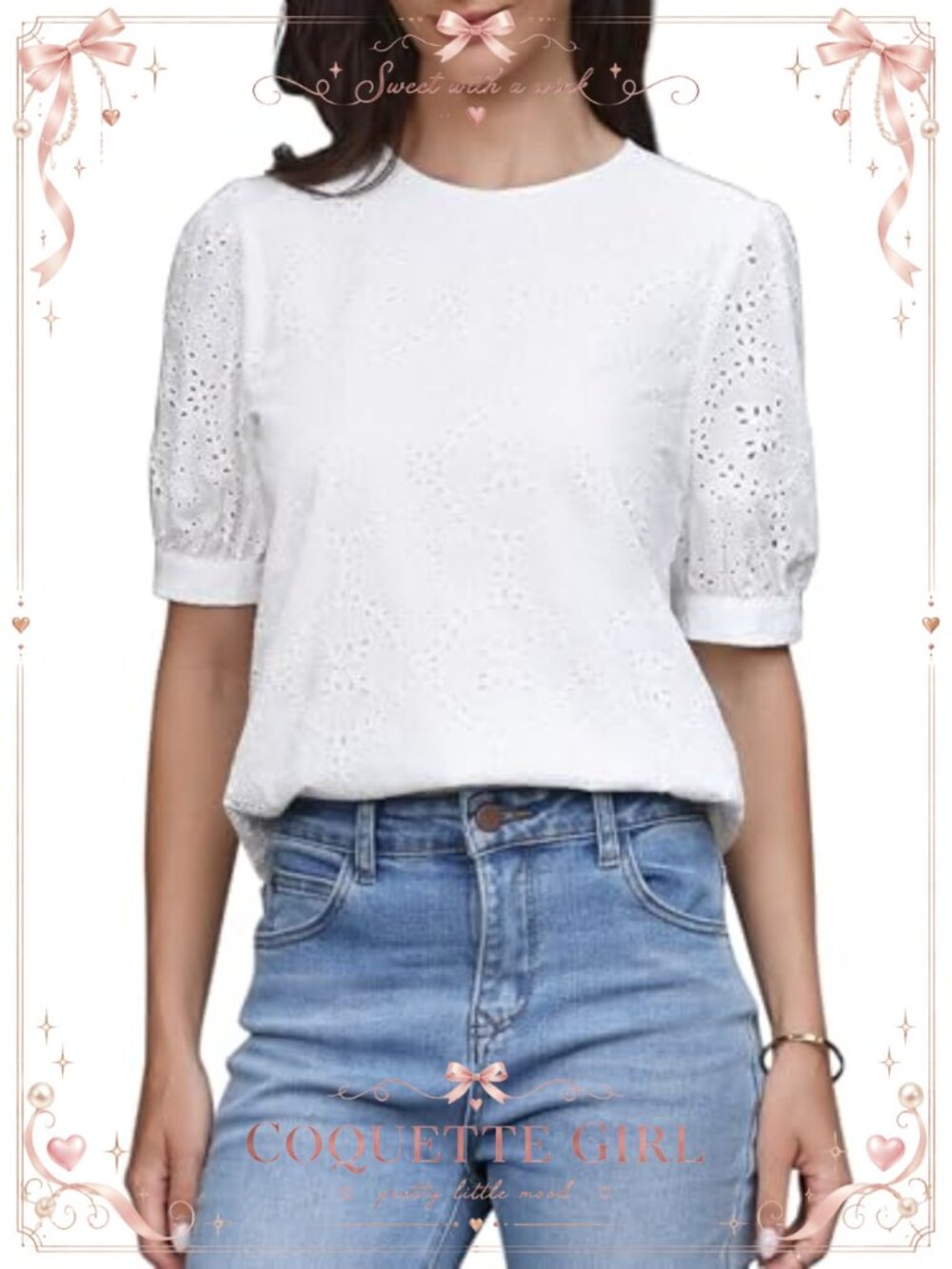 Women's Eyelet Hollow Out Puff Short Sleeve Blouse Crew Neck Top